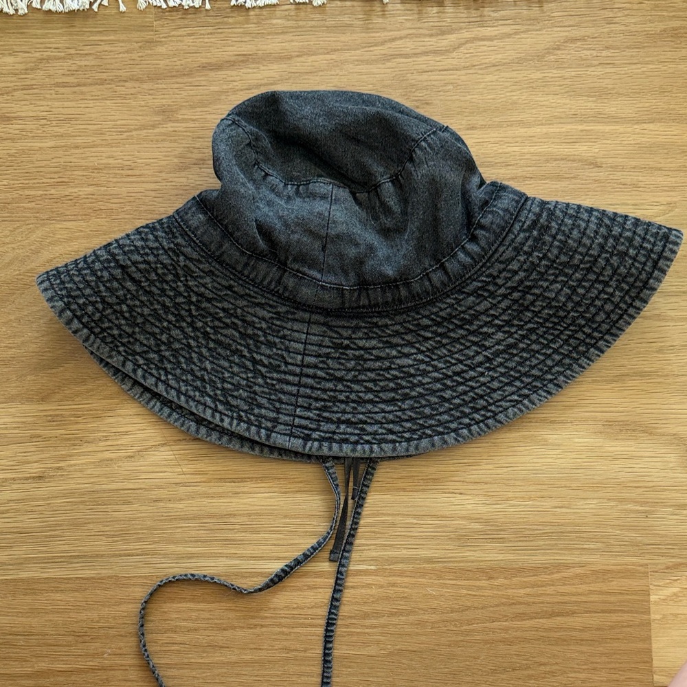 Wide Brim Sun Hat — Black Denim with Chin Tie